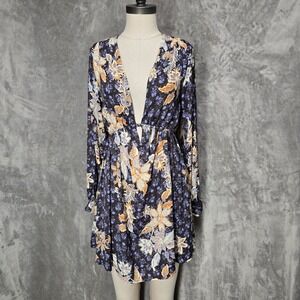 Free People Soli Floral Deep V Tie Back Mini Dress Women Size S Boho Cottagecore